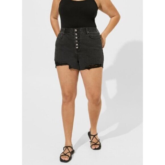 Torrid Button Front Raw Hem Denim Shorts Sz 30 (4X) Womens Black Pockets - Picture 1 of 16